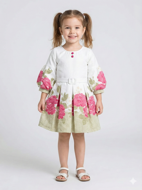 White Dress with Pink Rose Border Print