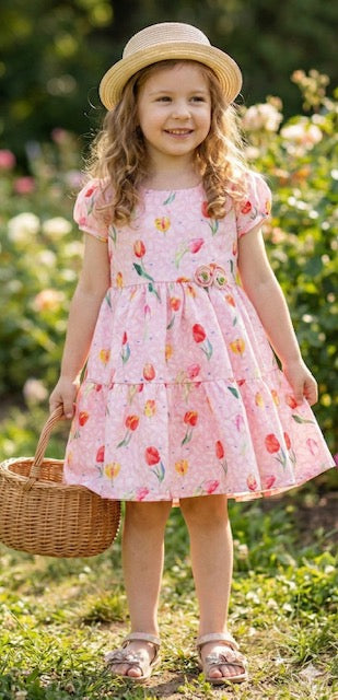 Pink Floral Tiered Girls Dress (3-8 Years)