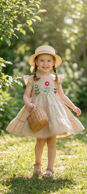 Beige Tiered Girls Dress with Floral Embroidery (3-8 Years)