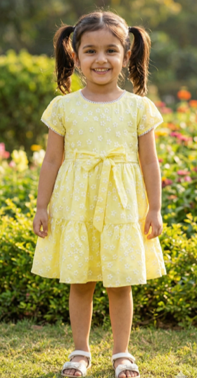 Yellow Girls Dress with Bow (3-8 Years)
