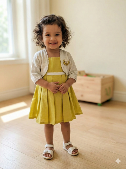 Yellow Pleated Dress with White Shrug