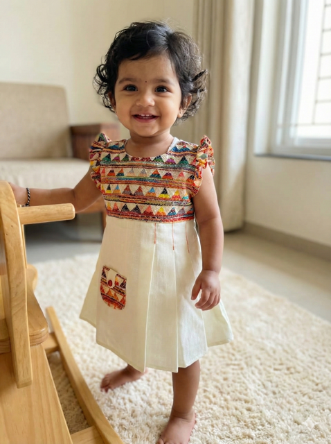 Ethnic Baby Dress - Cream & Multicolor