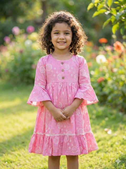 Pink Bell Sleeve Dress with Floral Print