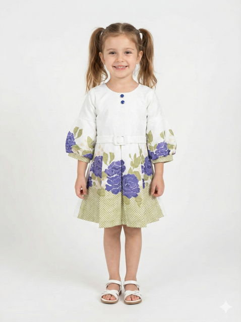 White Dress with Purple Rose Border Print