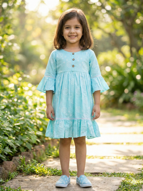 Sky Blue Bell Sleeve Dress with Button Detail